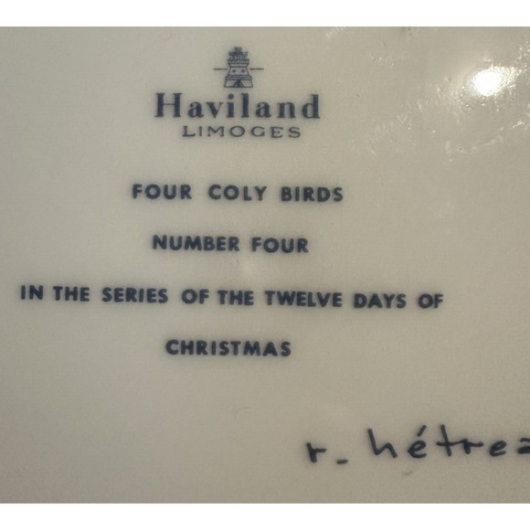 Haviland 12 Days of Christmas Series Plate #4 Coly Birds 1973 - Picture 3 of 4